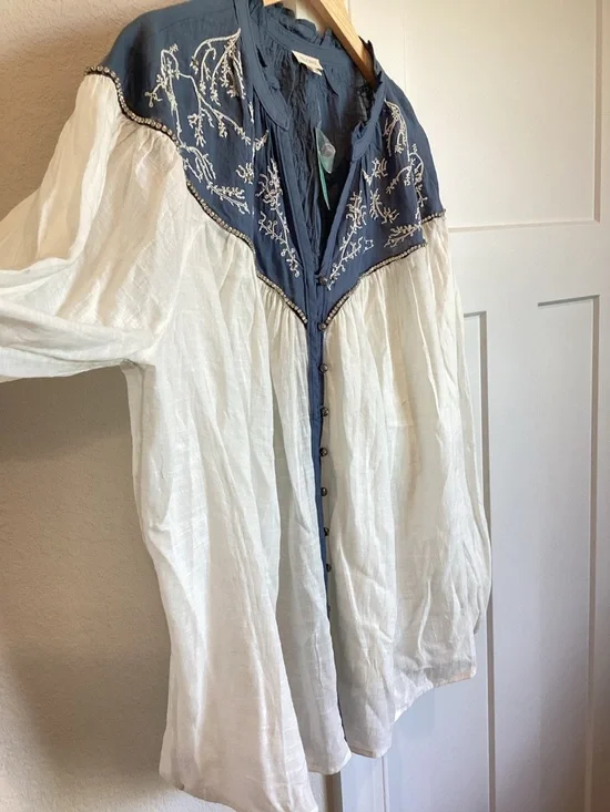 Anthropologie Puff-Sleeve Embroidered Buttondown Blouse Pilcro NEW 2X Ivory - Picture 6 of 16